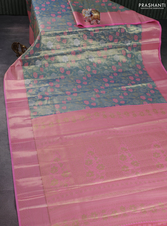 Bangalori tissue silk saree teal blue and light pink with zari woven floral design brocade pattern and zari woven border
