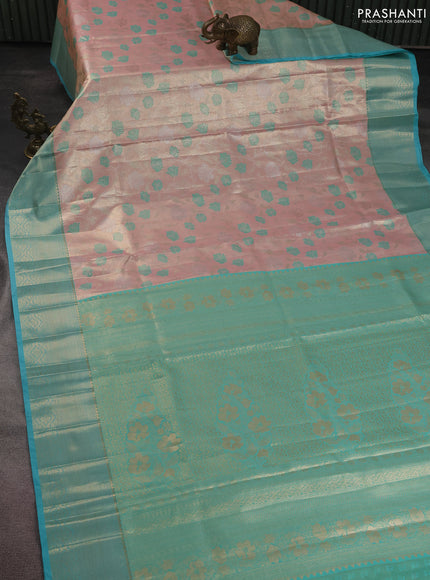 Bangalori tissue silk saree pastel peach and teal blue with zari woven floral design brocade pattern and zari woven border