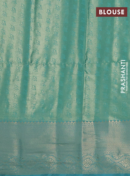 Bangalori tissue silk saree pastel peach and teal blue with zari woven floral design brocade pattern and zari woven border