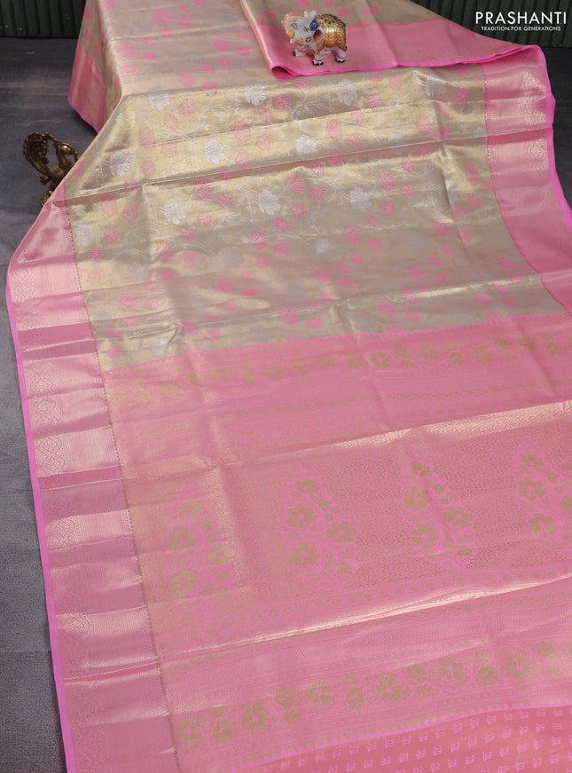 Bangalori tissue silk saree dual shade of gold and light pink with zari woven floral design brocade pattern and zari woven border