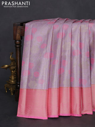 Bangalori tissue silk saree pastel lavender and light pink with zari woven floral design brocade pattern and zari woven border