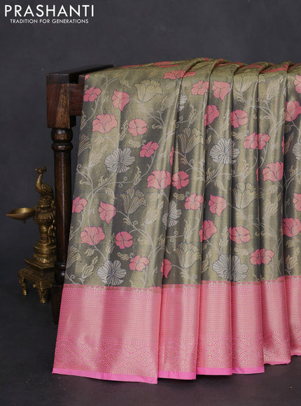 Bangalori tissue silk saree dual shade of navy blue and peach pink with zari woven floral design brocade pattern and zari woven border