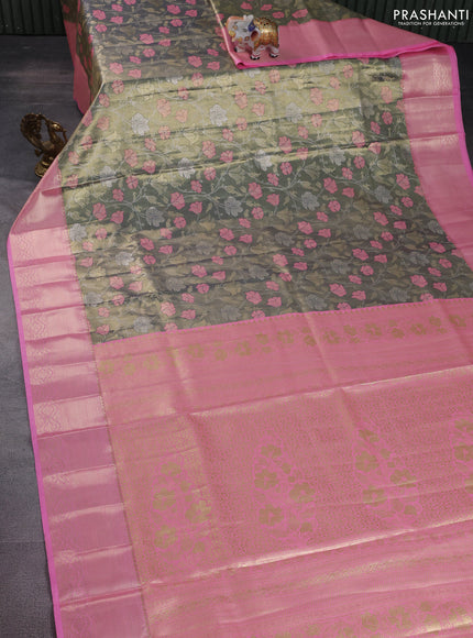 Bangalori tissue silk saree dual shade of navy blue and peach pink with zari woven floral design brocade pattern and zari woven border