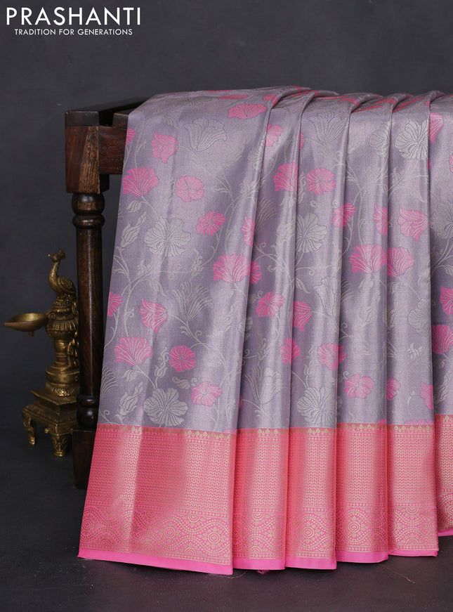 Bangalori tissue silk saree pastel lavender and peach pink with zari woven floral design brocade pattern and zari woven border