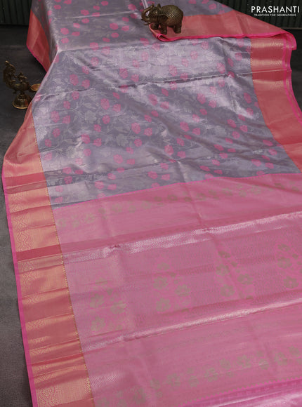 Bangalori tissue silk saree pastel lavender and peach pink with zari woven floral design brocade pattern and zari woven border