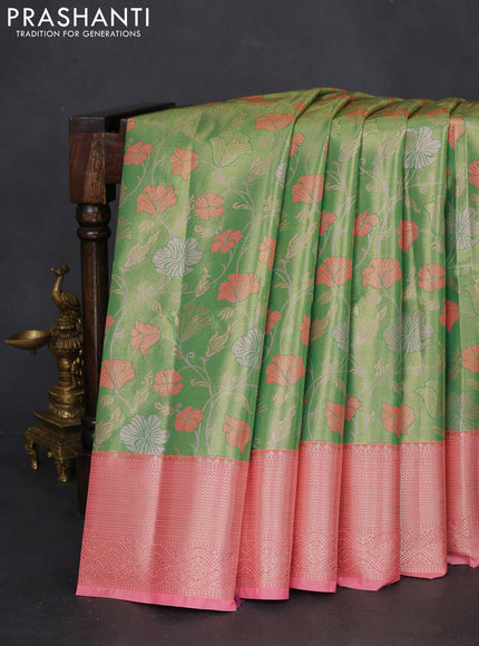 Bangalori tissue silk saree light green and peach pink with zari woven floral design brocade pattern and zari woven border