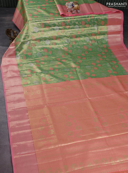 Bangalori tissue silk saree light green and peach pink with zari woven floral design brocade pattern and zari woven border