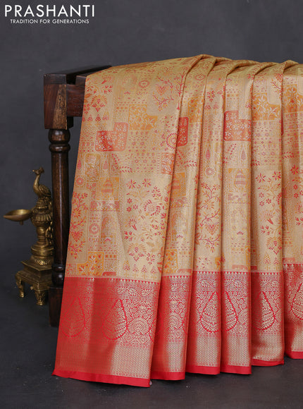Bangalori tissue silk saree gold and red with allover zari woven mina weaves and zari woven border