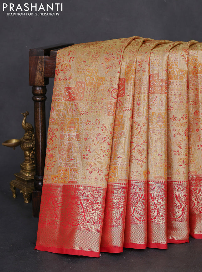 Bangalori tissue silk saree gold and red with allover zari woven mina weaves and zari woven border