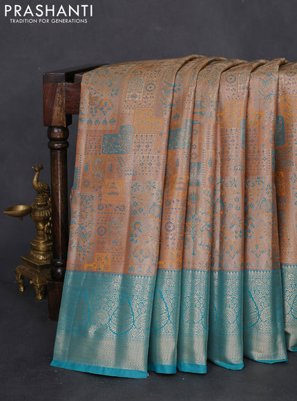 Bangalori tissue silk saree beige and teal blue with allover zari woven mina weaves and zari woven border