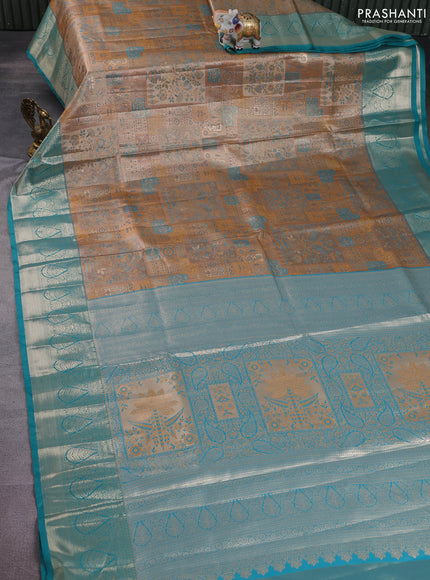 Bangalori tissue silk saree beige and teal blue with allover zari woven mina weaves and zari woven border