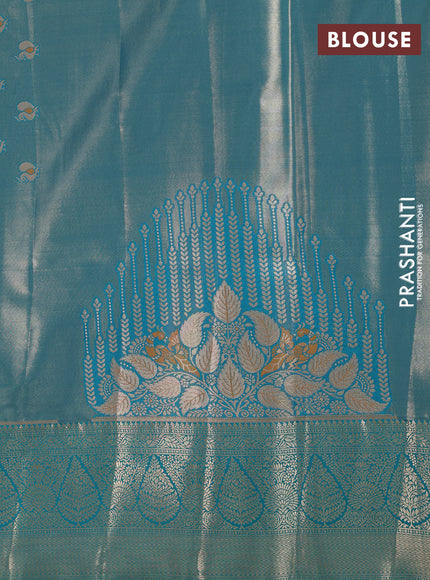 Bangalori tissue silk saree beige and teal blue with allover zari woven mina weaves and zari woven border