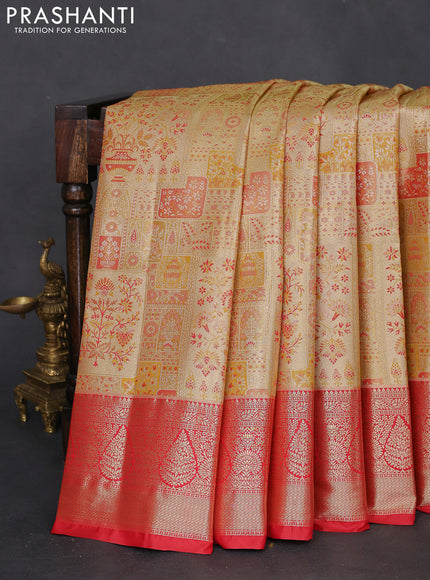 Bangalori tissue silk saree yellow shade and red with allover zari woven mina weaves and zari woven border