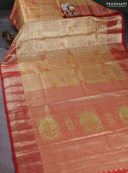 Bangalori tissue silk saree yellow shade and red with allover zari woven mina weaves and zari woven border