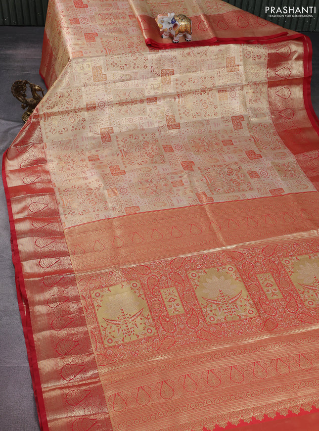 Bangalori tissue silk saree gold and red with allover zari woven mina weaves and zari woven border