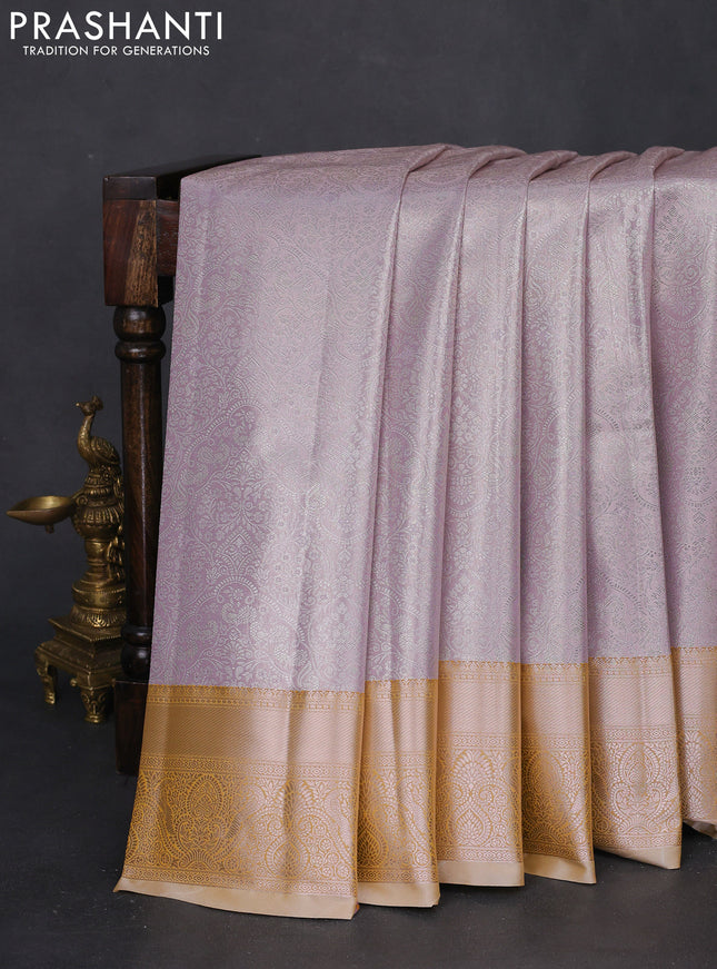 Bangalori tissue silk saree pastel lavender and mustard yellow with silver zari woven brocade weaves and zari woven border