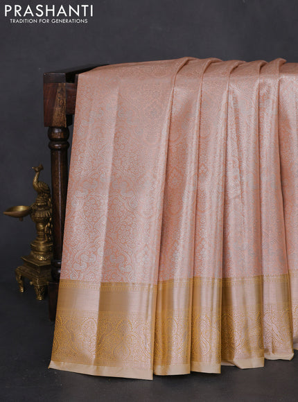 Bangalori tissue silk saree peach shade with silver zari woven brocade weaves and zari woven border