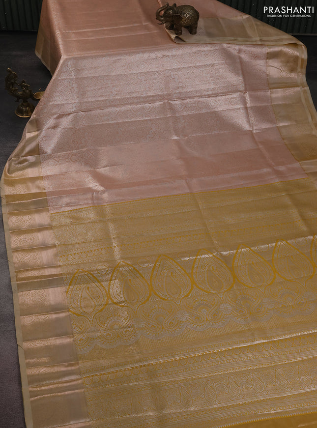 Bangalori tissue silk saree peach shade with silver zari woven brocade weaves and zari woven border