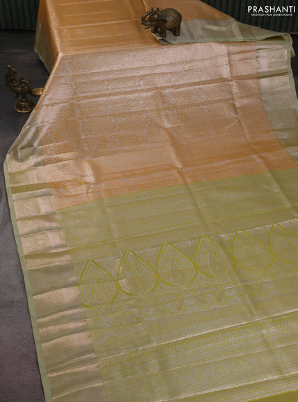 Bangalori tissue silk saree pale orange and mild pista green with silver zari woven brocade weaves and zari woven border