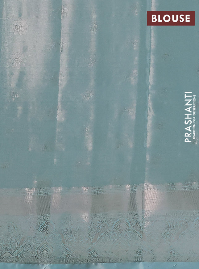 Bangalori tissue silk saree pastel pink and teal blue with silver zari woven brocade weaves and zari woven border