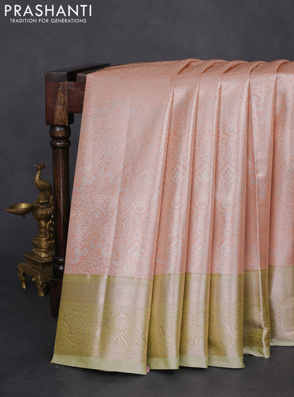 Bangalori tissue silk saree peach shade and light green with silver zari woven brocade weaves and zari woven border