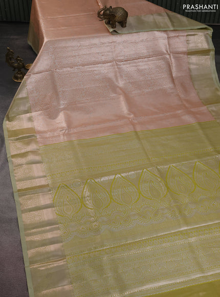 Bangalori tissue silk saree peach shade and light green with silver zari woven brocade weaves and zari woven border
