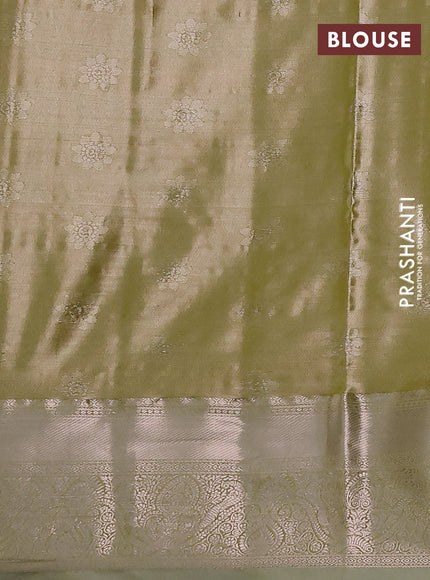Bangalori tissue silk saree peach shade and light green with silver zari woven brocade weaves and zari woven border