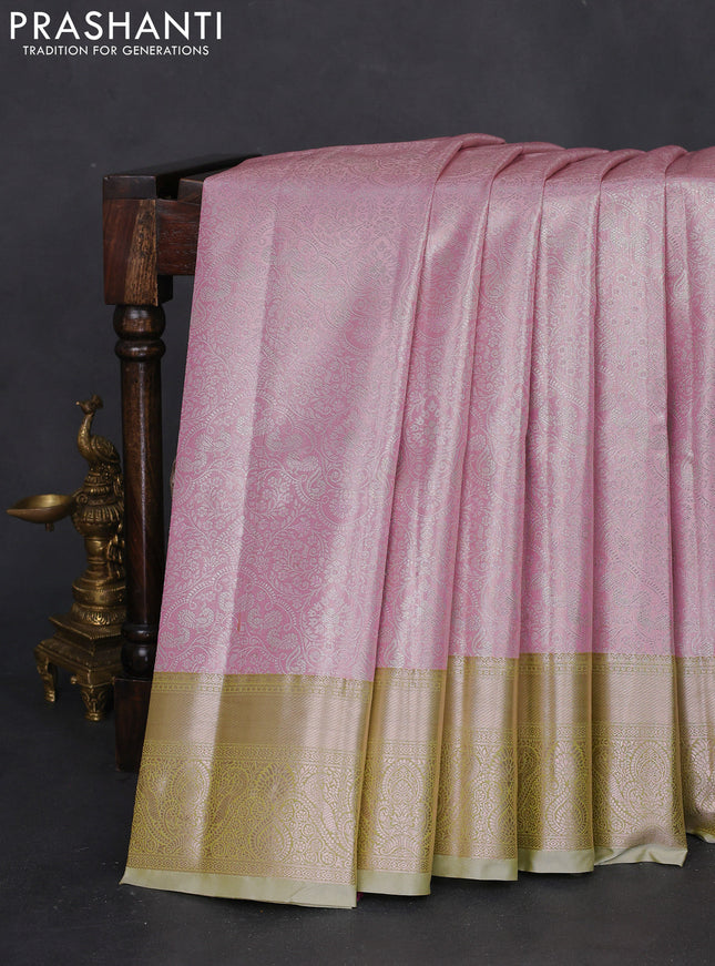 Bangalori tissue silk saree pastel pink and lime green with silver zari woven brocade weaves and zari woven border