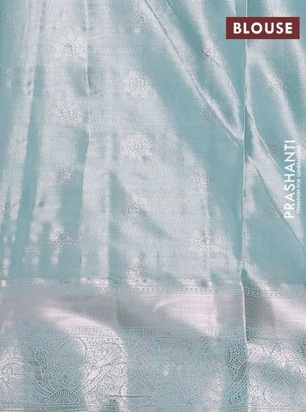 Bangalori tissue silk saree mustard yellow and teal blue with silver zari woven brocade weaves and zari woven border