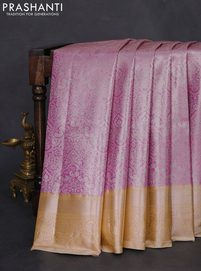 Bangalori tissue silk saree magenta pink and mustard yellow with silver zari woven brocade weaves and zari woven border