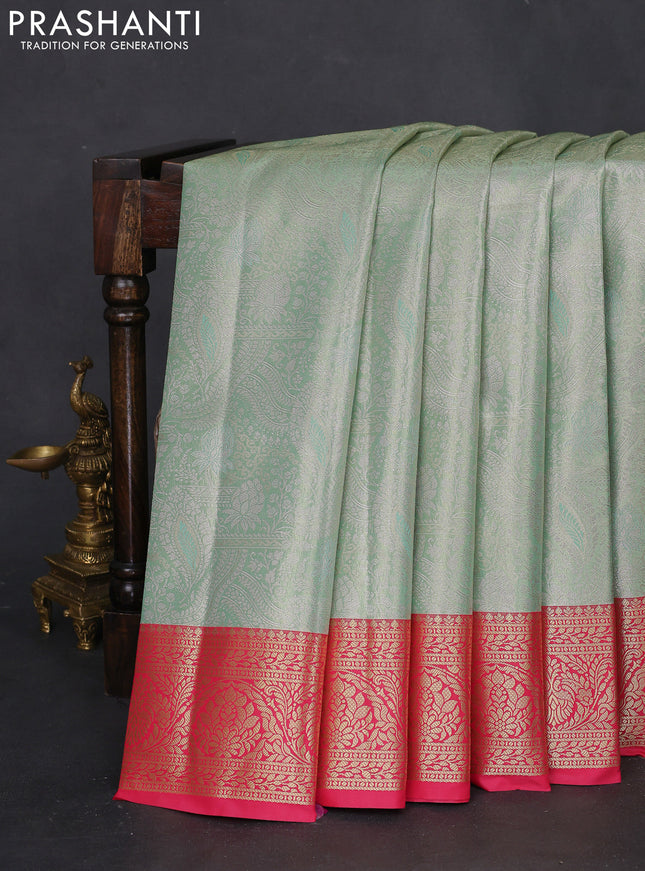 Bangalori tissue silk saree teal green and pink with silver zari woven brocade weaves and zari woven border