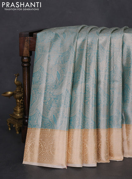 Bangalori tissue silk saree teal blue and cream with silver zari woven brocade weaves and zari woven border