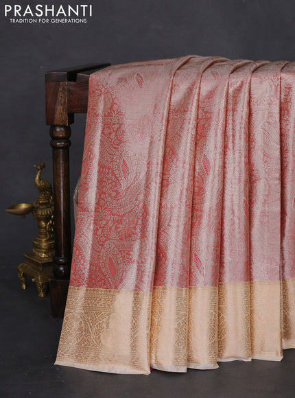 Bangalori tissue silk saree peach shade and sandal with silver zari woven brocade weaves and zari woven border