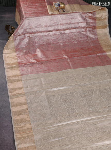 Bangalori tissue silk saree peach shade and sandal with silver zari woven brocade weaves and zari woven border