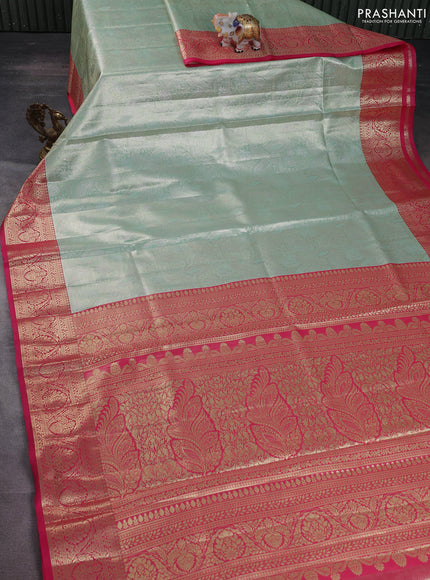 Bangalori tissue silk saree teal green and pink with silver zari woven brocade weaves and zari woven border