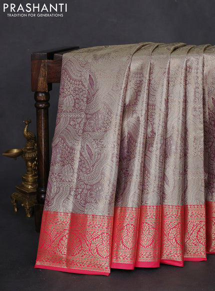 Bangalori tissue silk saree dual shade of wine and pink with silver zari woven brocade weaves and zari woven border