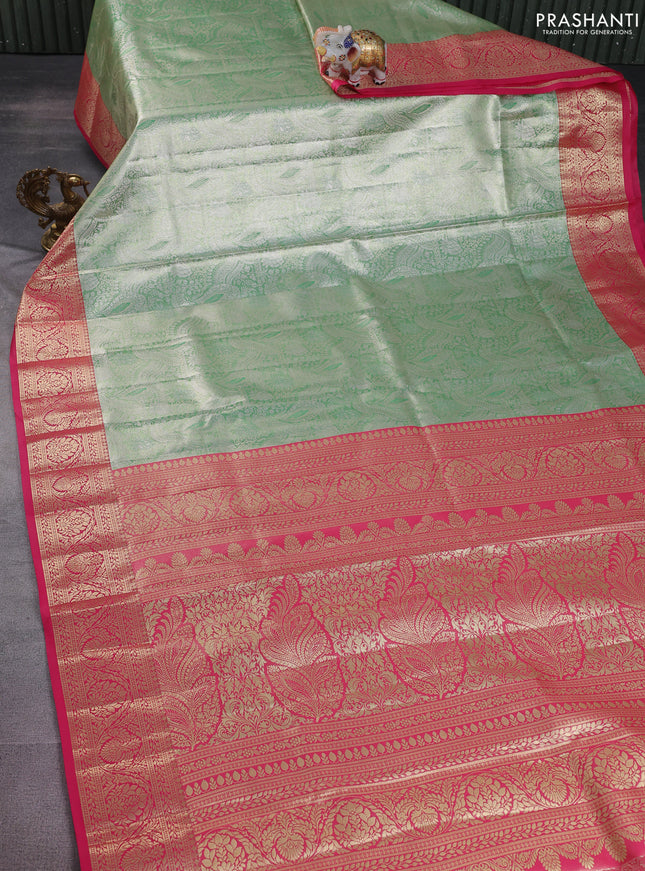 Bangalori tissue silk saree pastel green and pink with silver zari woven brocade weaves and zari woven border