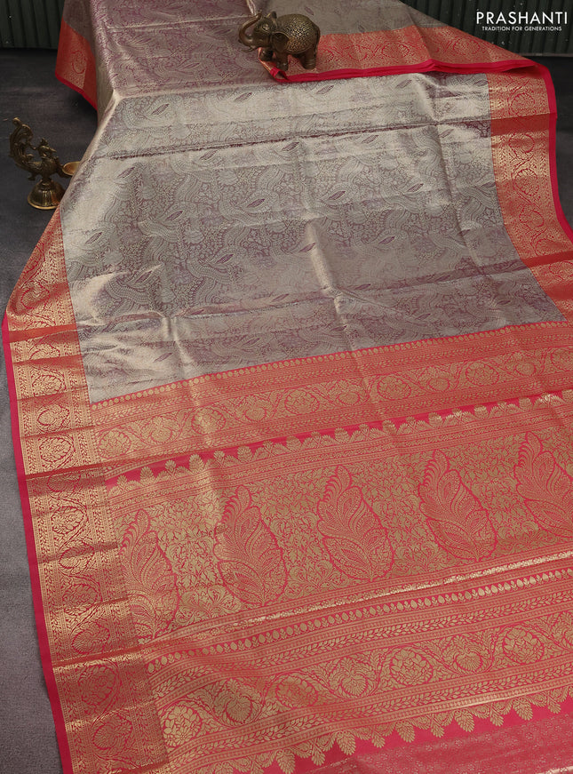 Bangalori tissue silk saree dual shade of wine and pink with silver zari woven brocade weaves and zari woven border