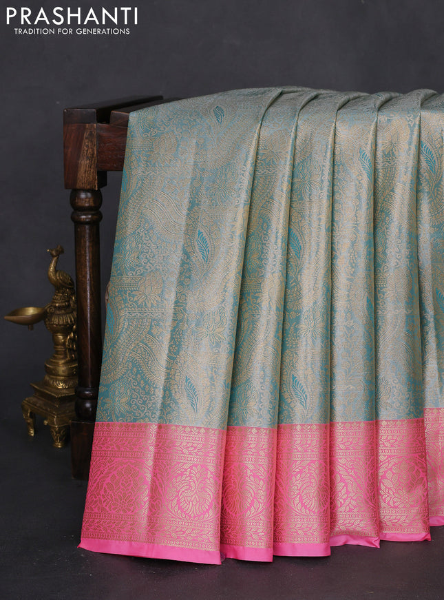 Bangalori tissue silk saree pastel blue and candy pink with silver zari woven brocade weaves and zari woven border
