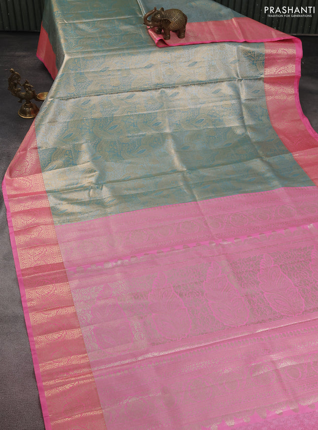 Bangalori tissue silk saree pastel blue and candy pink with silver zari woven brocade weaves and zari woven border