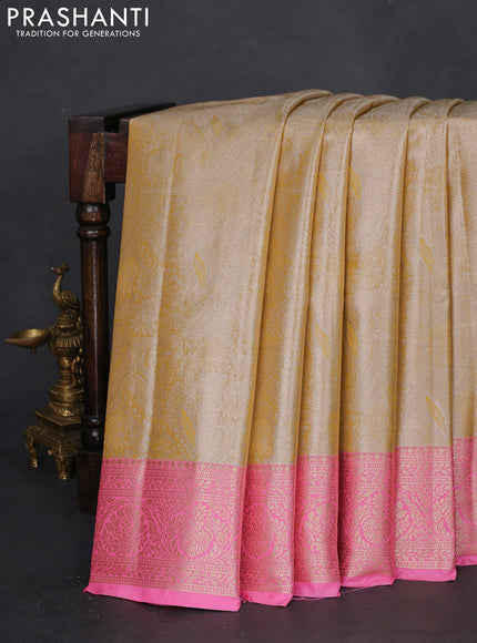 Bangalori tissue silk saree mustard yelllow and light pink with silver zari woven brocade weaves and zari woven border