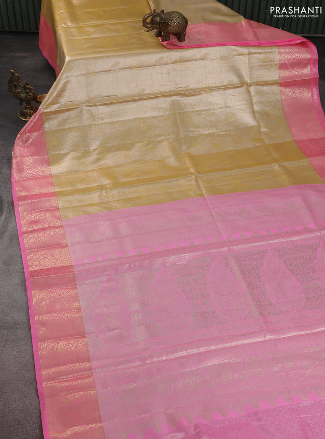 Bangalori tissue silk saree mustard yelllow and light pink with silver zari woven brocade weaves and zari woven border