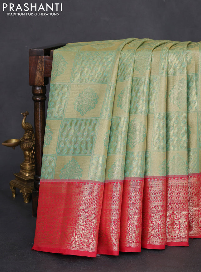 Bangalori tissue silk saree teal green and pink with zari woven brocade weaves and zari woven border