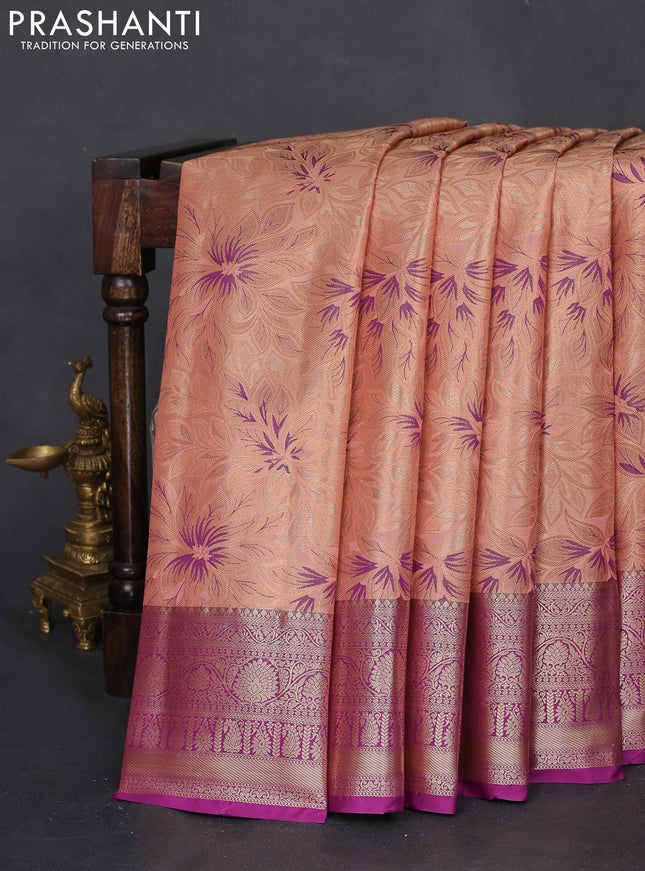 Bangalori tissue silk saree peach orange and purple with allover copper zari woven brocade weaves and zari woven border