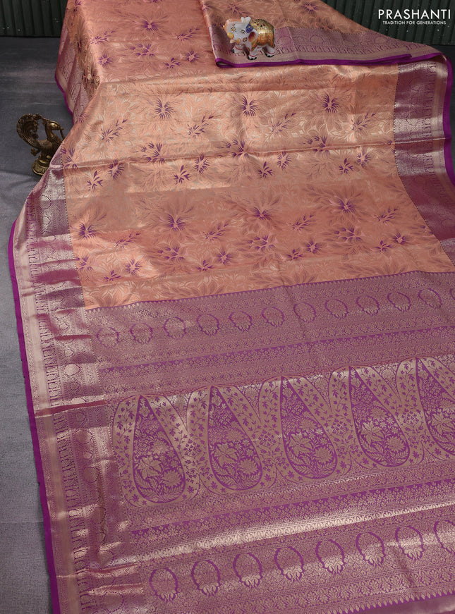 Bangalori tissue silk saree peach orange and purple with allover copper zari woven brocade weaves and zari woven border