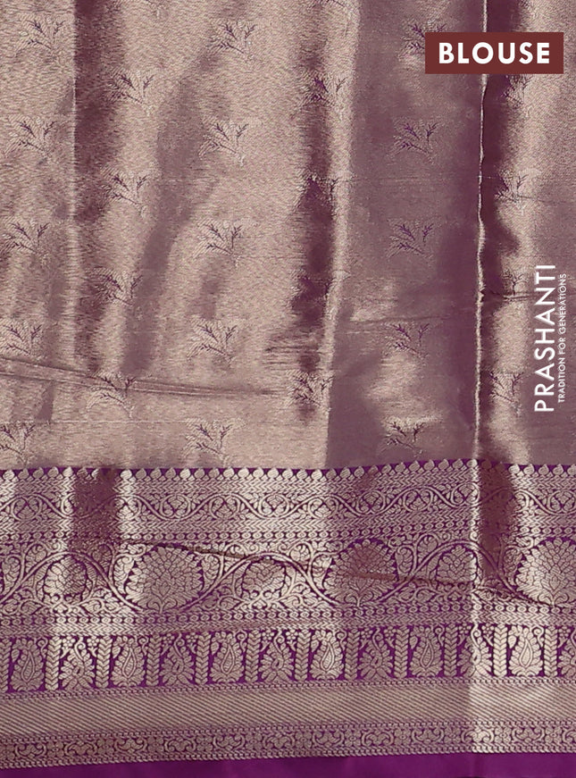 Bangalori tissue silk saree peach orange and purple with allover copper zari woven brocade weaves and zari woven border