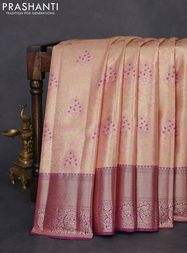 Bangalori tissue silk saree pastel pink and wine shade with zari woven brocade weaves and zari woven border