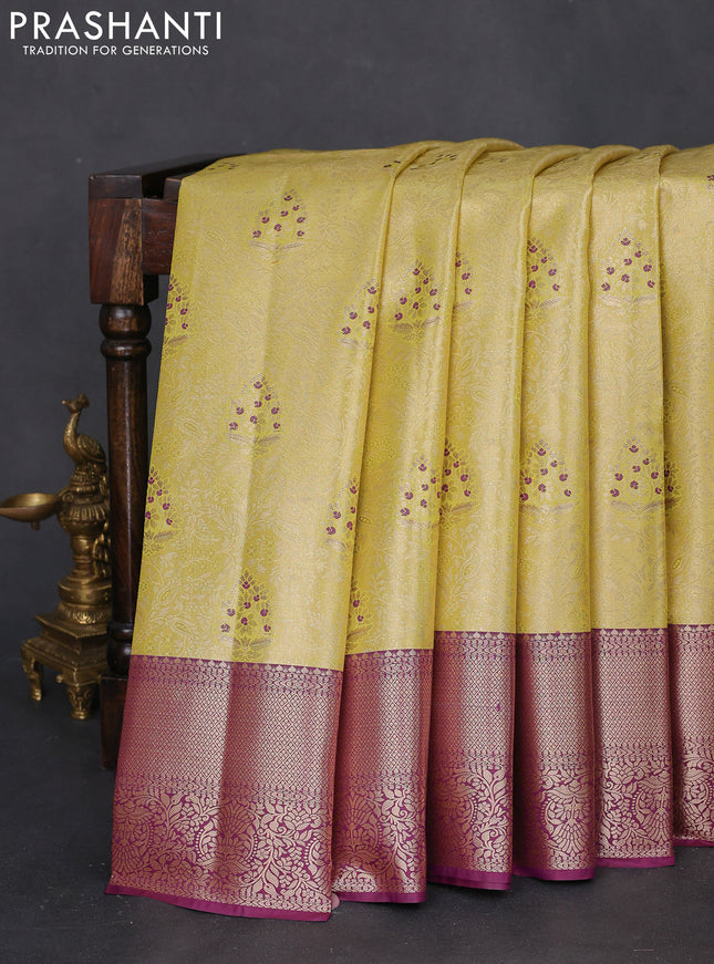 Bangalori tissue silk saree lime yellow and deep purple with zari woven brocade weaves and zari woven border