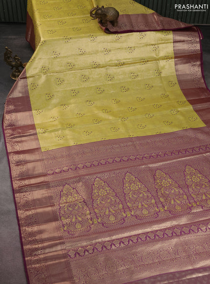 Bangalori tissue silk saree lime yellow and deep purple with zari woven brocade weaves and zari woven border