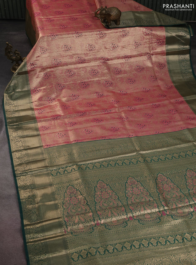 Bangalori tissue silk saree peach pink and green with zari woven brocade weaves and zari woven border